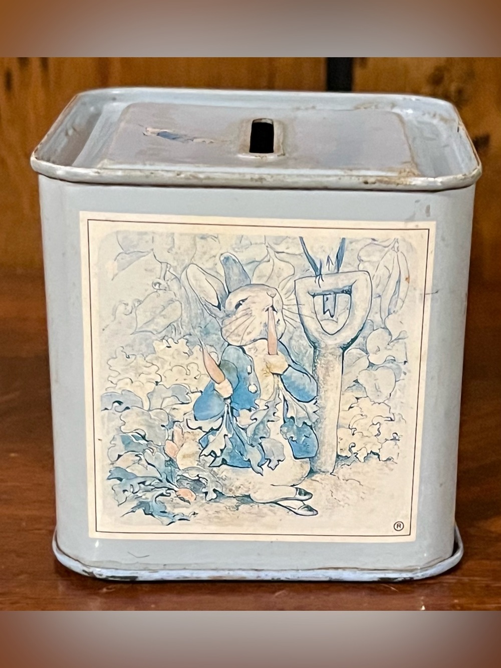 Vintage Hunkydory Empty Blue Peter Rabbit Garden Tin Canister ht 2 3/4”